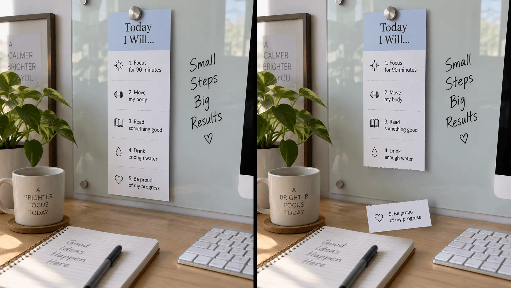 Before and after — a finished checklist item torn away from a printed strip on a desk