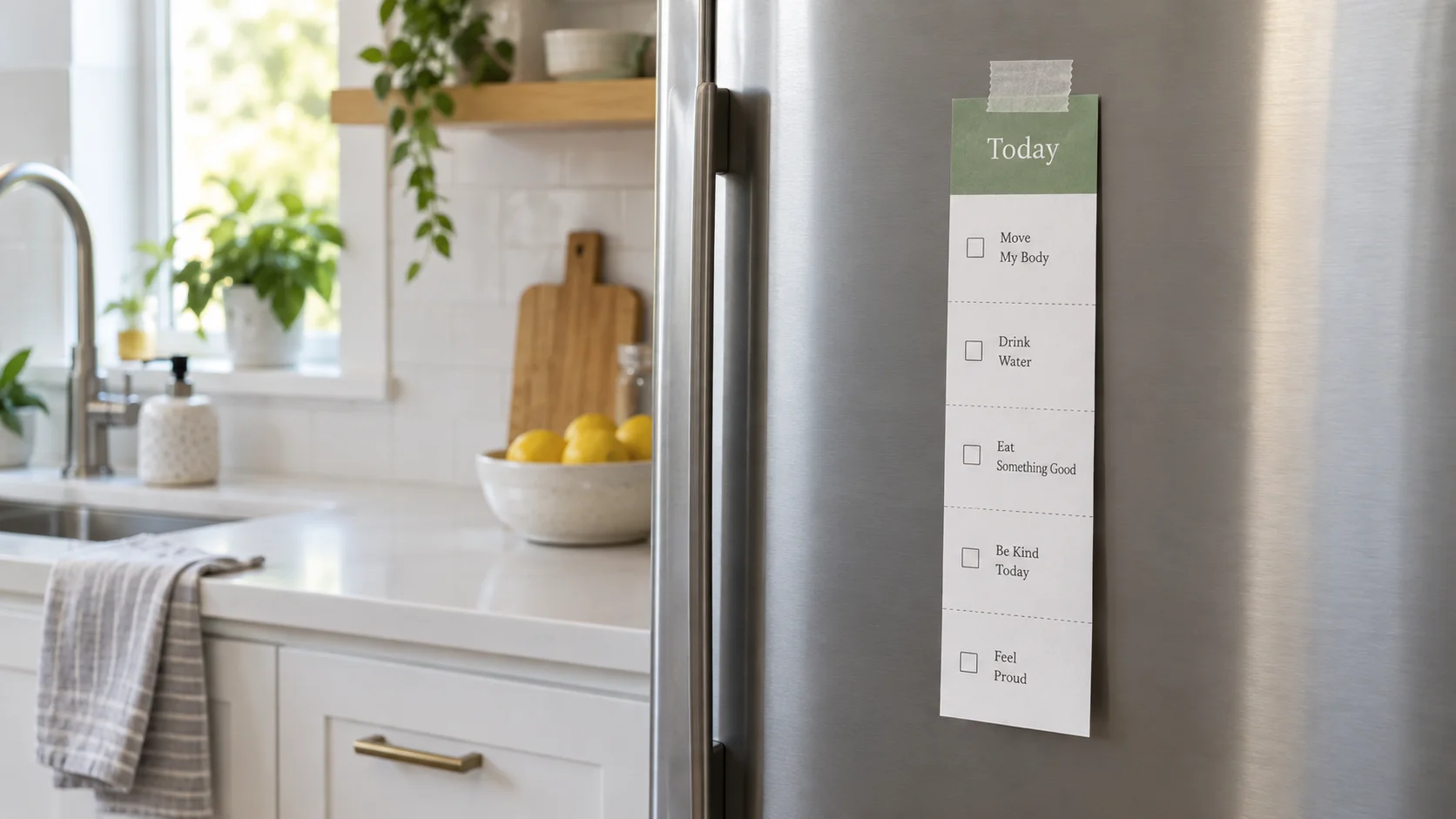 A printed strip taped to a refrigerator, checkboxes visible